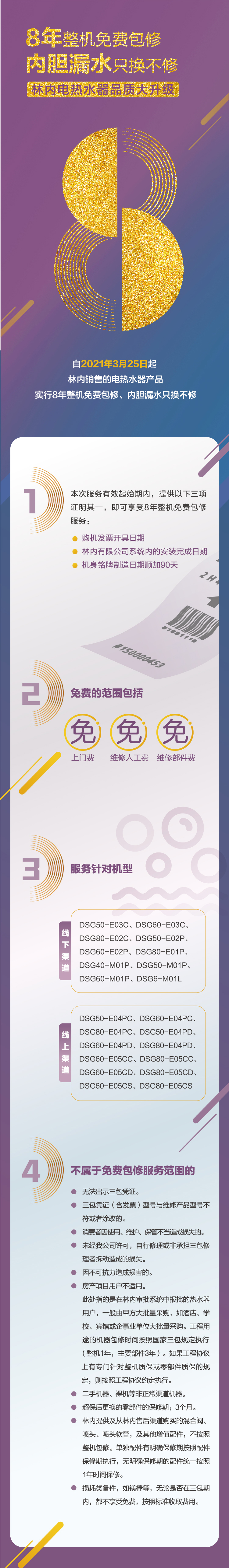 林内电热水器 8年整机免费包修